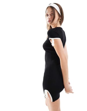 ASOS DESIGN knitted mini dress with scoop neck and tie details in black