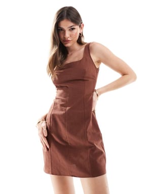 ASOS DESIGN linen scoop neck mini dress with bust seam detail in brown
