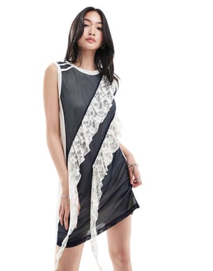 COLLUSION airtex mini vest dress with lace trim in navy