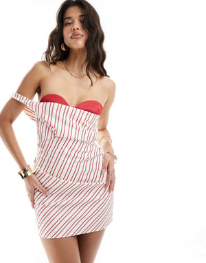 ASOS DESIGN bandeau exposed bra mini dress in red and white stripe