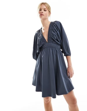 ASOS DESIGN plunge elastic tea mini dress with ruched waist in slate grey