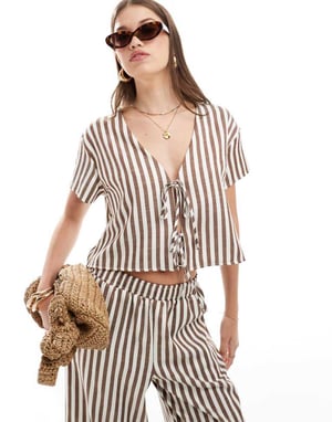 ASOS DESIGN top with tie front in brown stripe co-ord