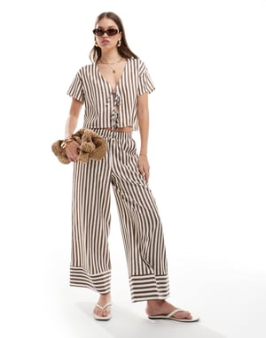 ASOS DESIGN top with tie front in brown stripe co-ord