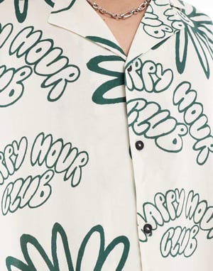 Dr Denim Madi short sleeve relaxed fit summer shirt in green resort print ecru