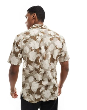 ONLY & SONS linen mix revere collar floral shirt in beige