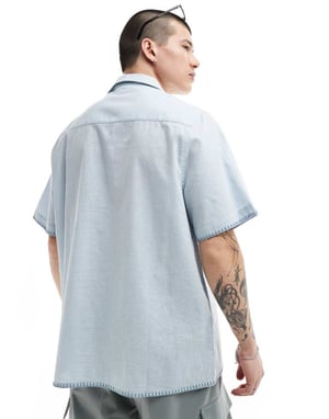 ASOS DESIGN relaxed revere shirt with lace pocket in light blue