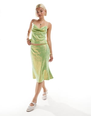 Labelrail x Olivia Grace Herring sequin flippy knee length midi skirt co-ord in green