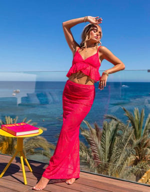 South Beach x Misha Grimes lace midi beach skirt in bright pink
