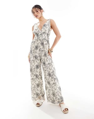 Abercrombie & Fitch floral jumpsuit in black and white