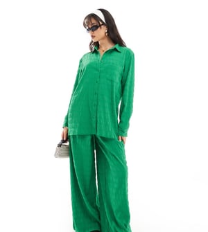 Esmee textured long sleeve beach shirt co-ord in green