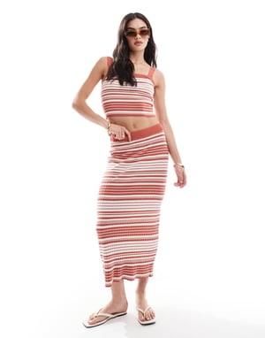 Pieces super soft knitted maxi skirt co-ord in brick stripe