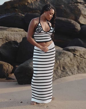 4th & Reckless x Loz Vassallo rico knitted stripe beach maxi skirt co-ord in black and white