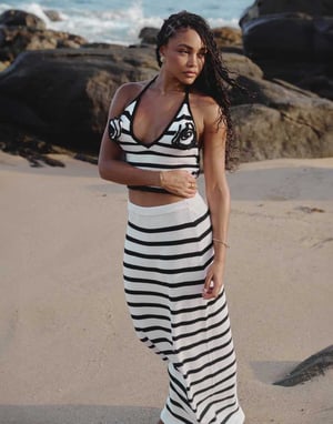 4th & Reckless x Loz Vassallo rico knitted stripe beach maxi skirt co-ord in black and white