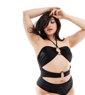 South Beach Curve gold buckle cut out front halter swimsuit in black