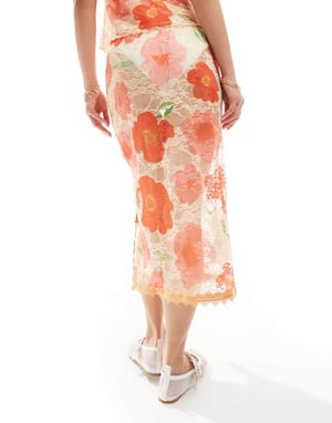Labelrail x Olivia Grace Herring floral lace edged mesh midi skirt co-ord in multi