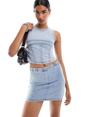 ASOS DESIGN co-ord denim look corset top with hotfix in blue
