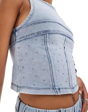ASOS DESIGN co-ord denim look corset top with hotfix in blue