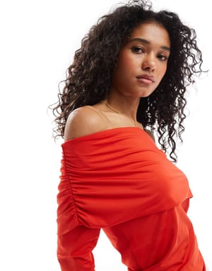 Pieces foldover bardot top in poppy red