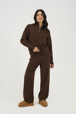 Chocolate Knitted Zip Neck Jumper And Trouser Set