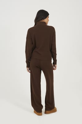 Chocolate Knitted Zip Neck Jumper And Trouser Set