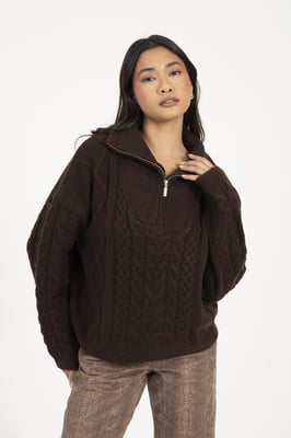 Brown Quarter Zip Cable Knit Jumper