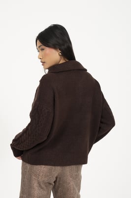 Brown Quarter Zip Cable Knit Jumper