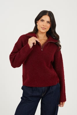 Wine Boucle Yarn Jumper With Zip Neck