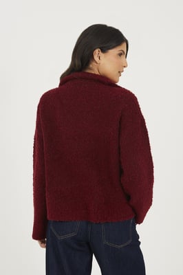 Wine Boucle Yarn Jumper With Zip Neck