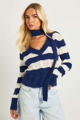 Super Soft Chunky Stripe V Neck Jumper and Scarf