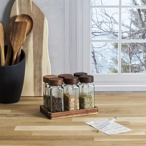 Casa di Elturo Set van 6 glazen kruidenpotjes – acaciahouten deksels & plateau – inclusief