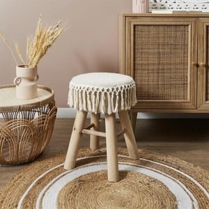 WDMT Handgemaakte houten kruk bohemian stijl met macramé zitting Ø 28 x 40 cm