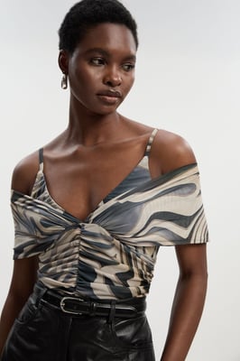 Marble Print Mesh Plunge Strappy Detail Bodysuit