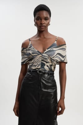 Marble Print Mesh Plunge Strappy Detail Bodysuit