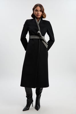 Brushed Wool Houndstooth Mix Belted Wrap Neck Tailored Midi Coat