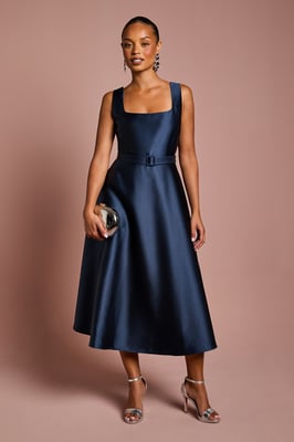 Petite Belted Twill Midi Dress
