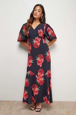 Petite Printed Chiffon Puff Sleeve Fishtail Midaxi Dress