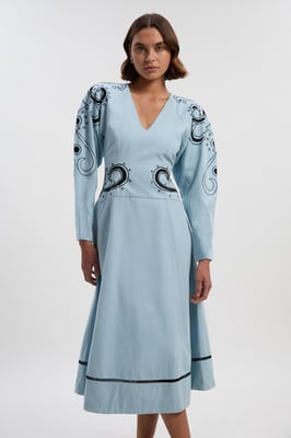 Baroque Embroidered Long Sleeve Twill Woven Midi Dress