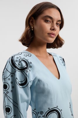 Baroque Embroidered Long Sleeve Twill Woven Midi Dress