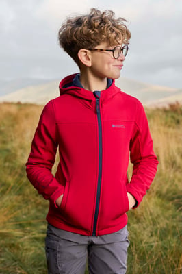 'Exodus' Kids Black Softshell Jacket with Two Side Pockets Fleece Lined Water Resistant Outdoors Coat Red