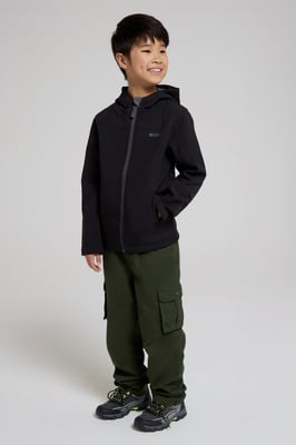 'Exodus' Kids Black Softshell Jacket with Two Side Pockets Fleece Lined Water Resistant Outdoors Coat Black