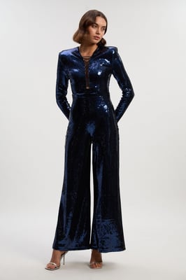 Sequin Power Mesh Lace Up Detail Long Sleeve Jumpsuit