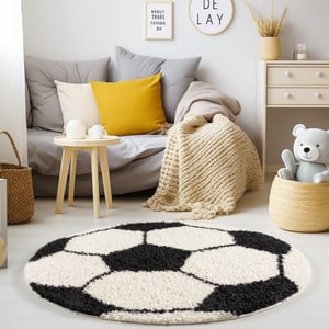 Muratap Fun voetbal kinderkamer rond vloerkleed hoogpolig wit- 120 cm rond