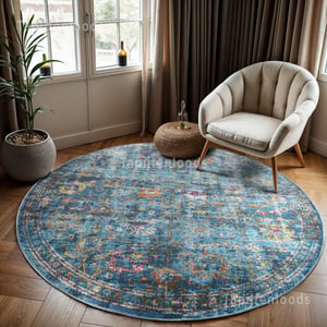 Muratap Picasso sarough vintage rond vloerkleed blauw laagpolig- 200 cm