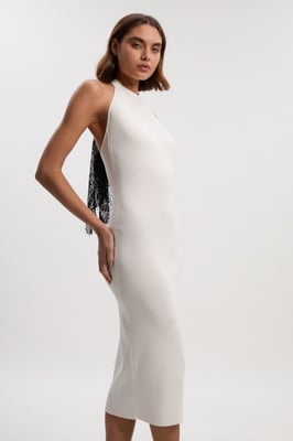 Viscose Blend Slinky Sheer Lace Back Detail Knit Midi Dress