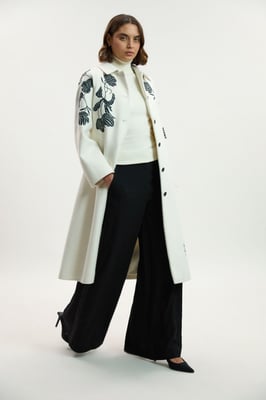 Brushed Wool Placed Embroidery Tailored Midi Coat