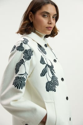 Brushed Wool Placed Embroidery Tailored Midi Coat