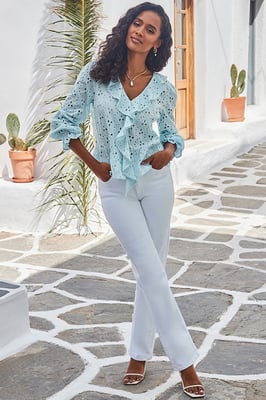 Pastel Blue Broderie Ruffle Detail Cotton Blouse