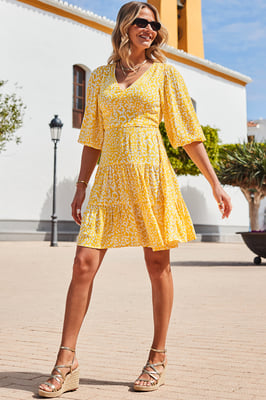 Sunshine Yellow Animal Print Tiered Hem Dress