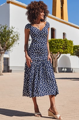 Navy Blue Spot Print Fit & Flare Bardot Dress