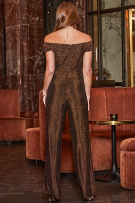 Golden Brown Shimmering Metallic Bardot Jumpsuit